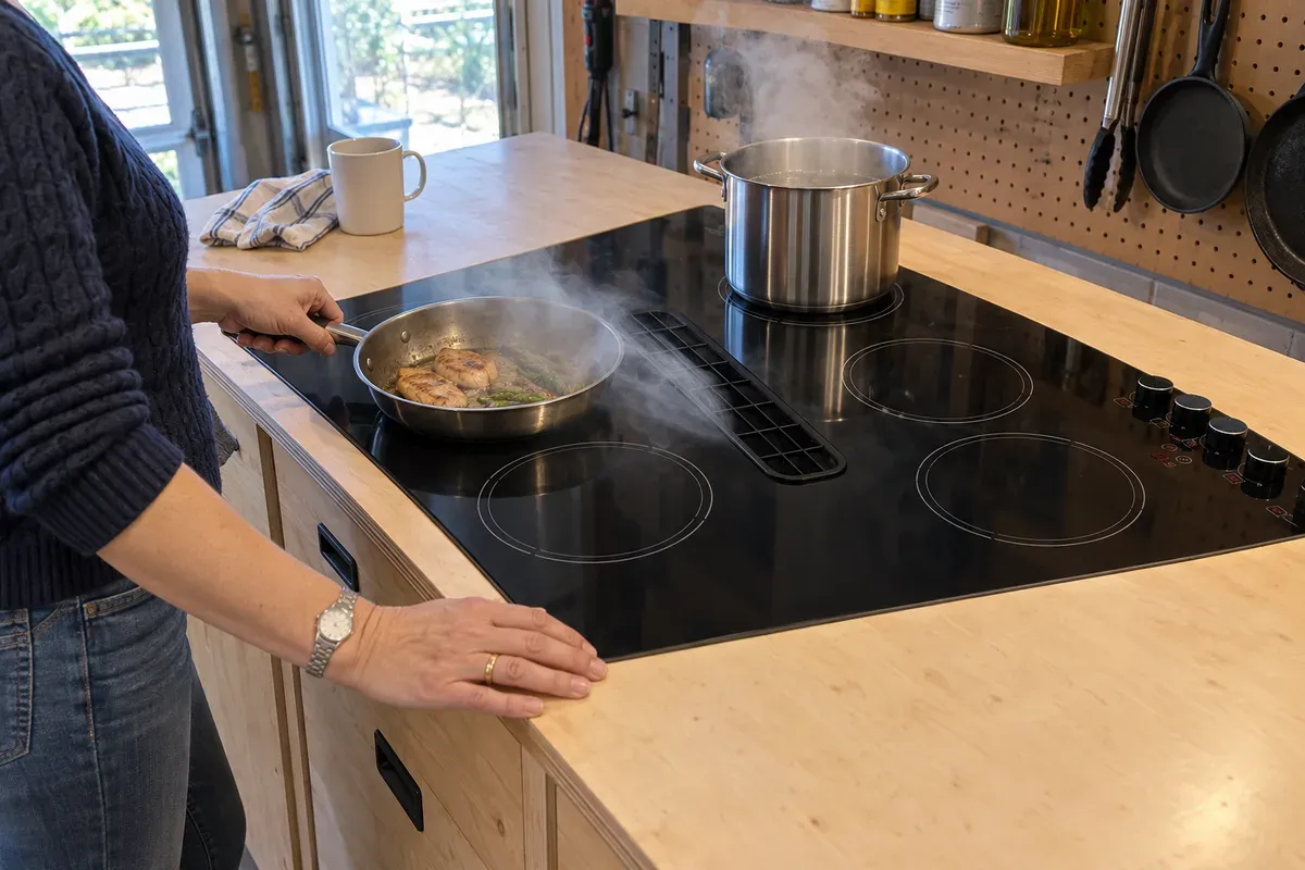 Steam test with a tall pot and a skillet on the GTKZW 30-inch downdraft cooktop