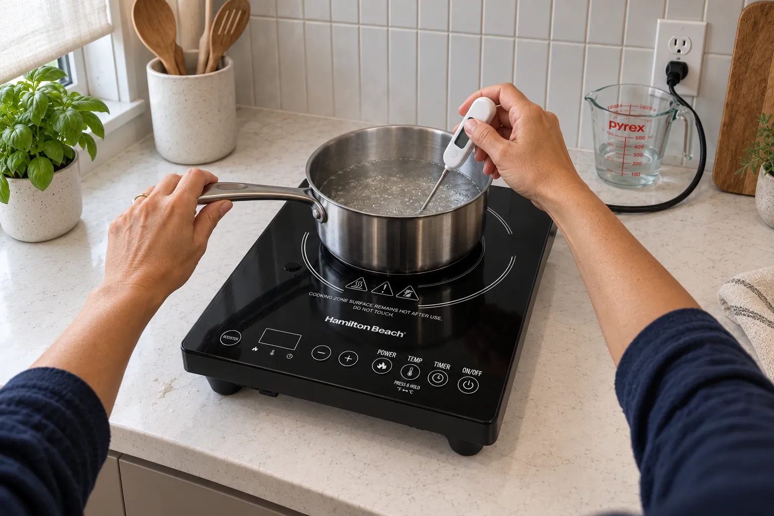 Checking the water temperature in a saucepan on a Hamilton Beach 34104 burner.