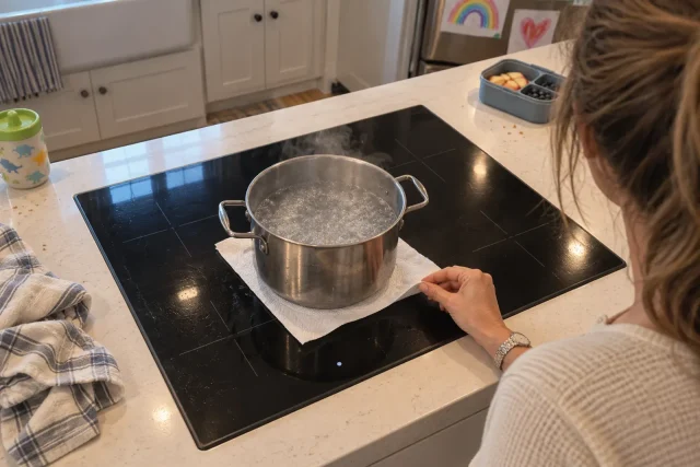 A paper towel under a pot of boiling water on an induction cooktop, still unscorched