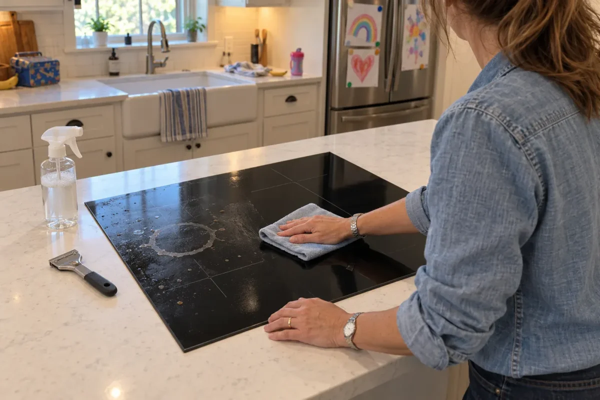 Hands wiping a dried milk ring off black induction glass with a microfiber cloth