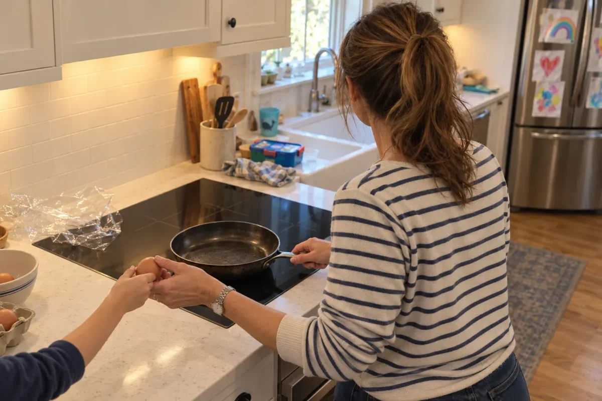 Setting a skillet on an induction zone while a child hands over an egg.