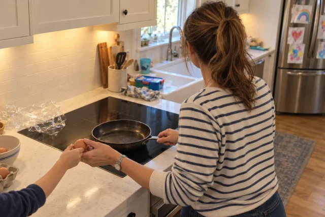 Setting a skillet on an induction zone while a child hands over an egg.