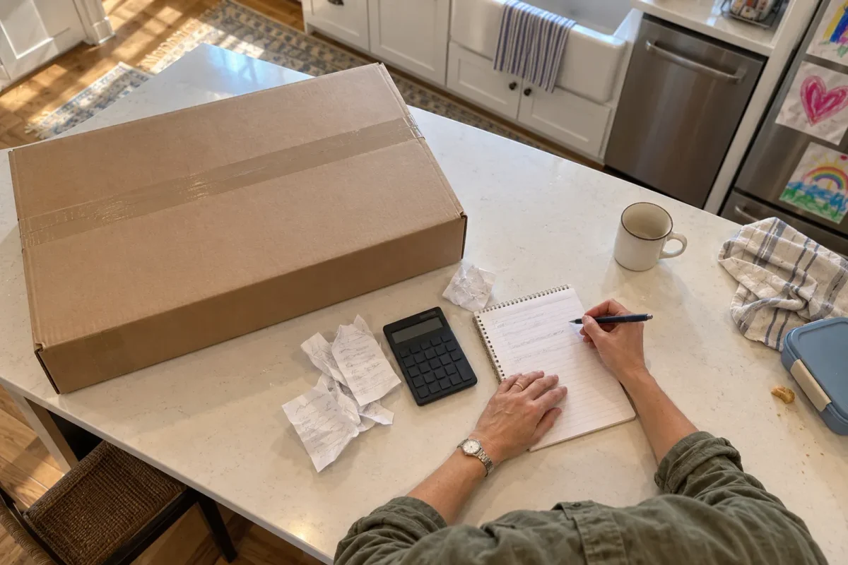 A cooktop box, receipts and a calculator on a kitchen counter.