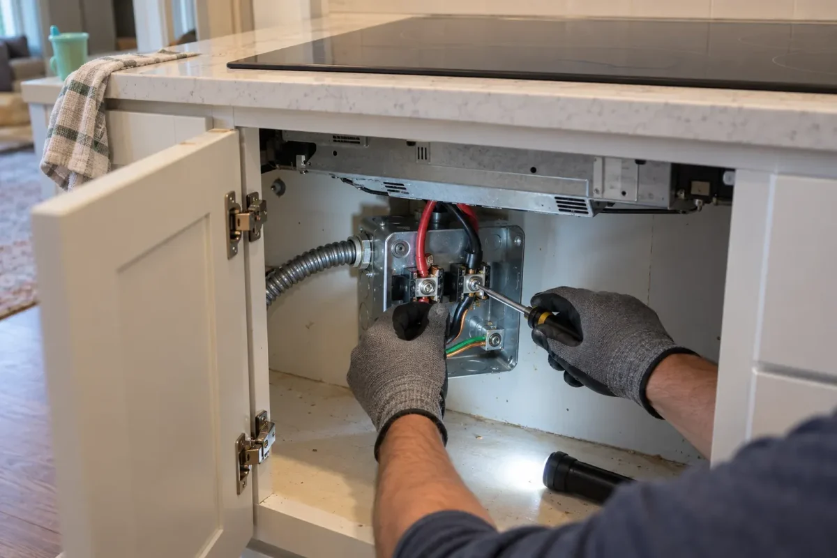 An electrician's hands connecting heavy wires in a junction box under an induction cooktop