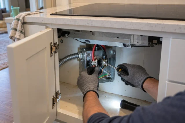 An electrician's hands connecting heavy wires in a junction box under an induction cooktop