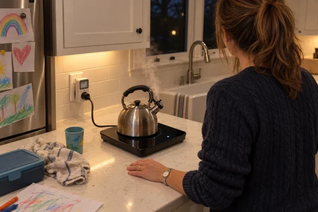 A kettle boiling on a portable induction burner plugged through a power meter.
