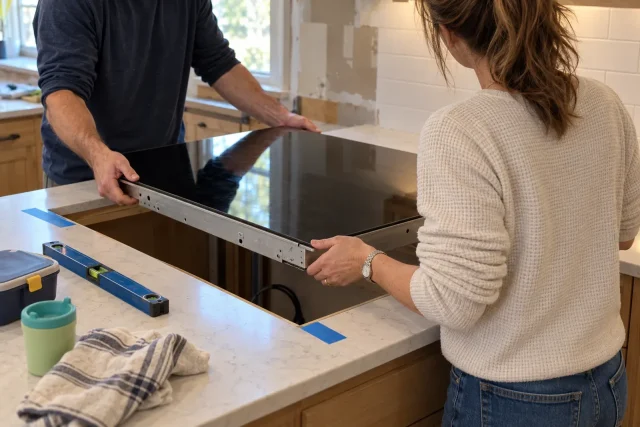 Two people lowering a black glass induction cooktop into a countertop cutout.