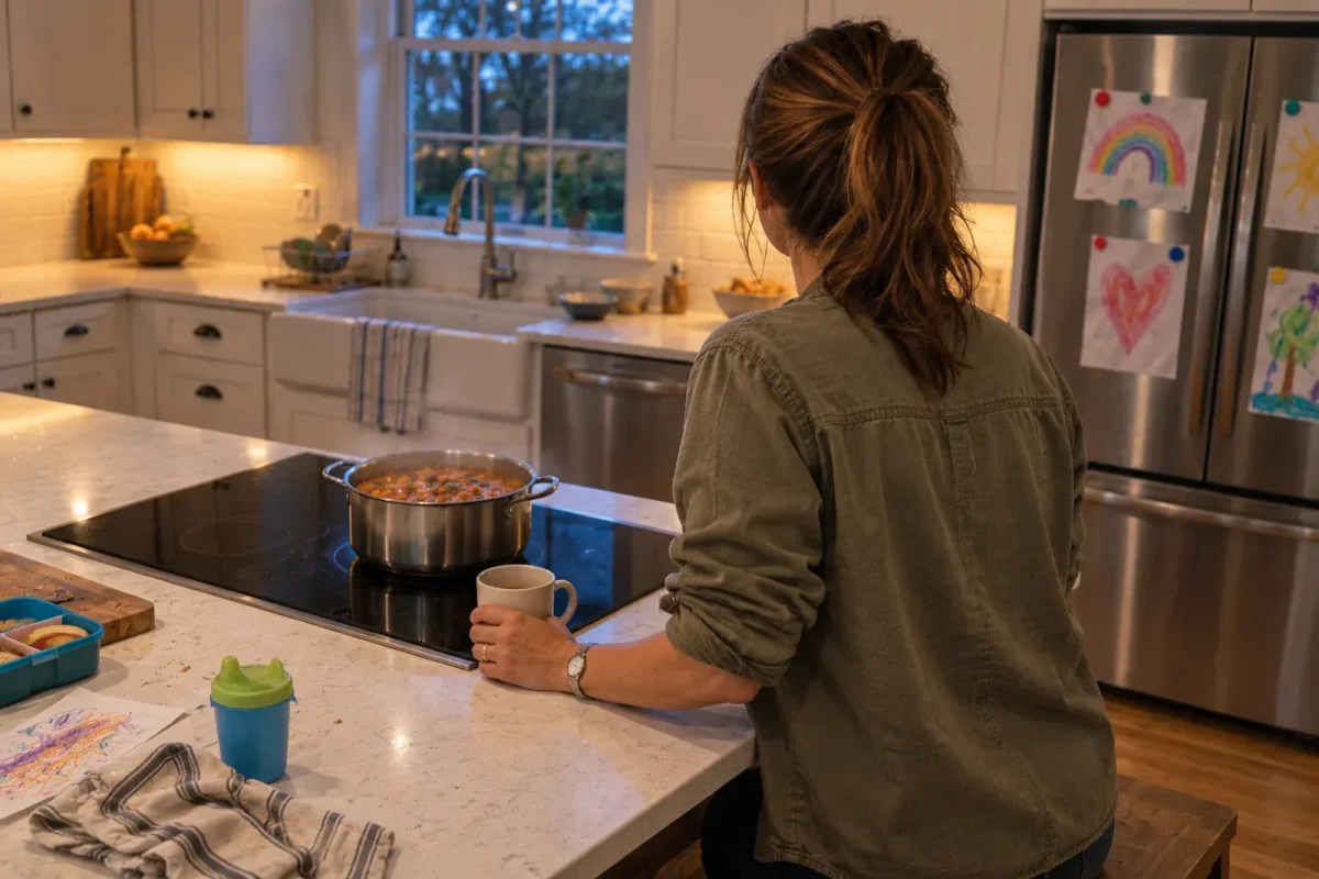 Stew simmering on a well-used induction cooktop with faint wear marks on the glass.