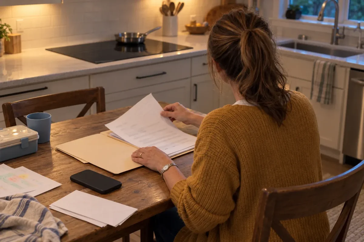 Rebate paperwork and an envelope on a kitchen table near a new induction cooktop.