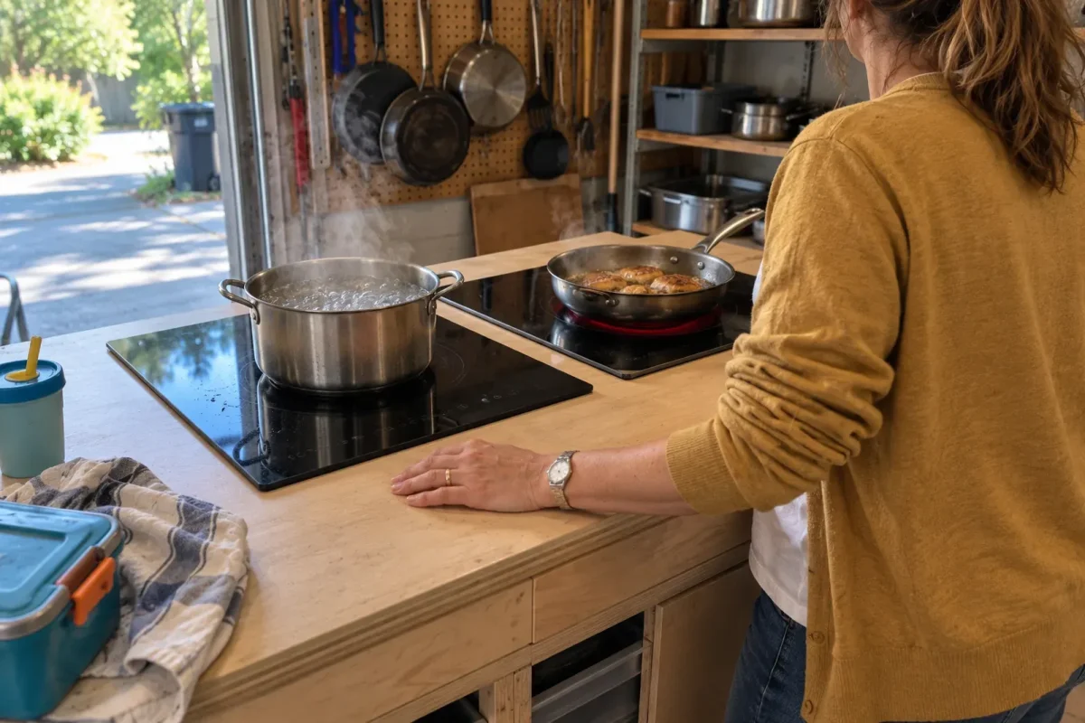 An induction cooktop and a radiant electric cooktop side by side, each heating a pot.