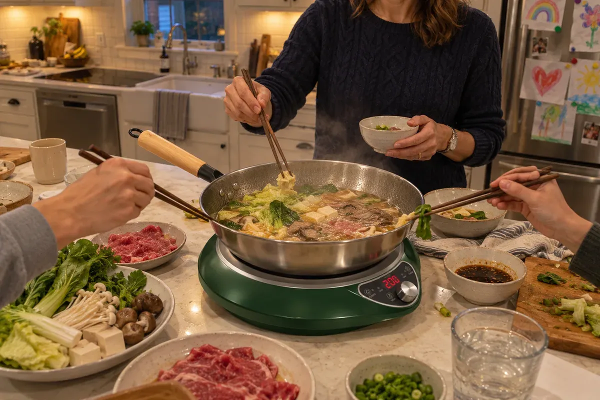 Hot pot night with broth simmering on a 1700W Induction Wok with Stainless Wok