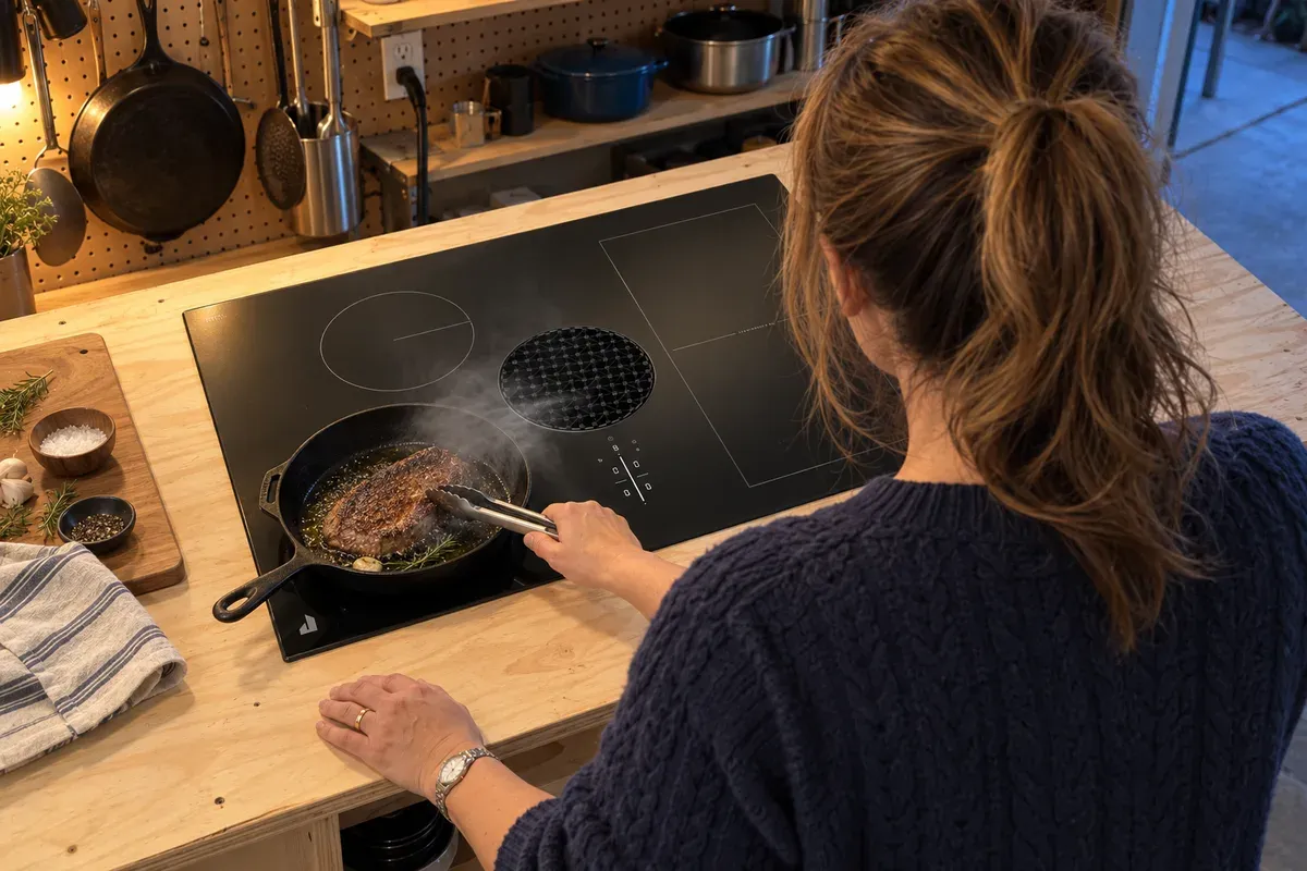 Steak smoke drawn into the downdraft vent of a JennAir JIDT730SBL
