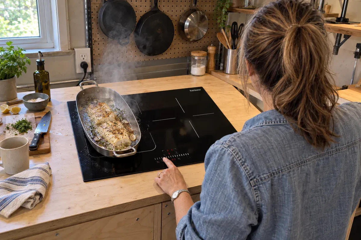 A long fish pan across the flex zone of a Karinear 24-inch 3-burner cooktop.