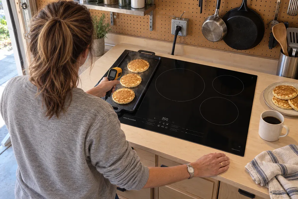 Checking a griddle of pancakes with an infrared thermometer on a KitchenAid KCIT730SBL