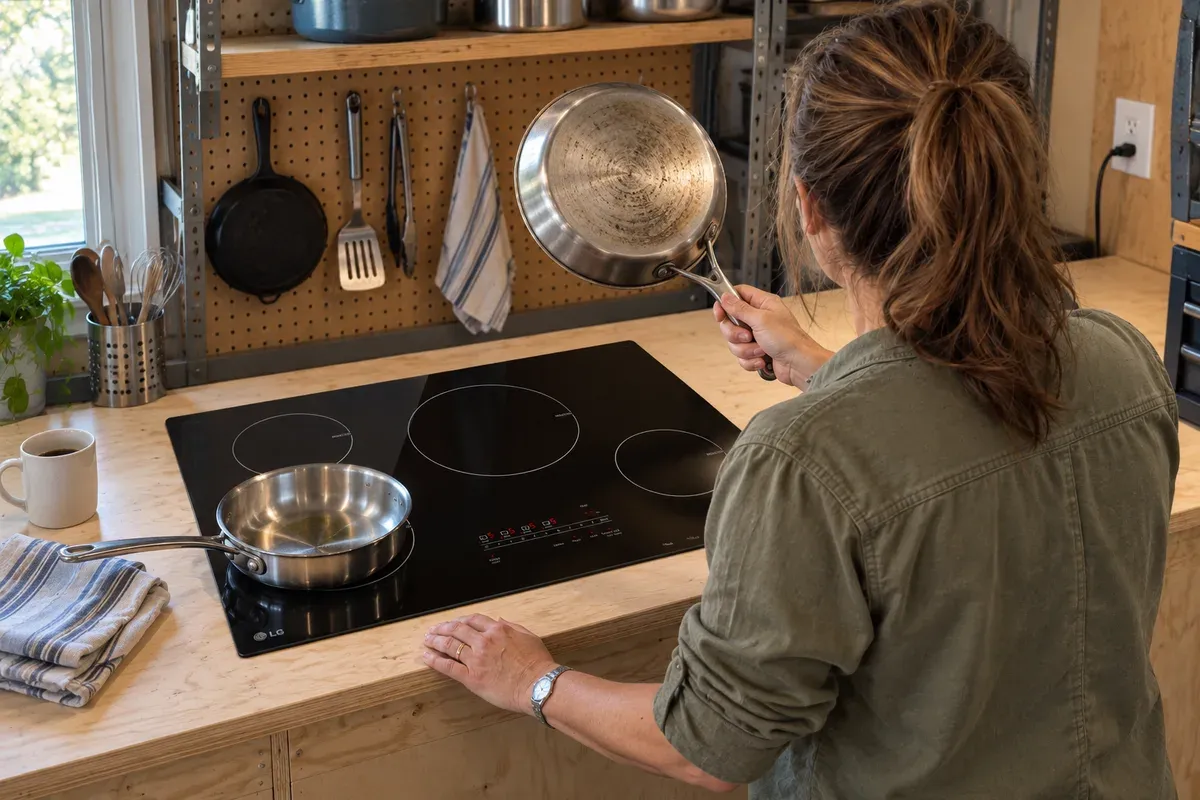 Holding an old sauté pan beside an LG CBIH3013BE after its cookware indicator flagged it
