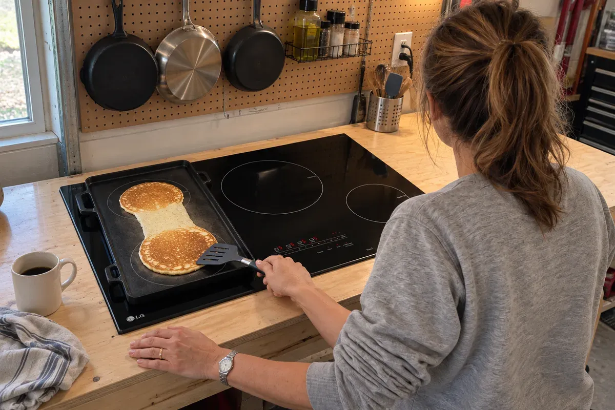 Pancakes browning in two patches on a griddle across two zones of an LG CBIH3013BE.
