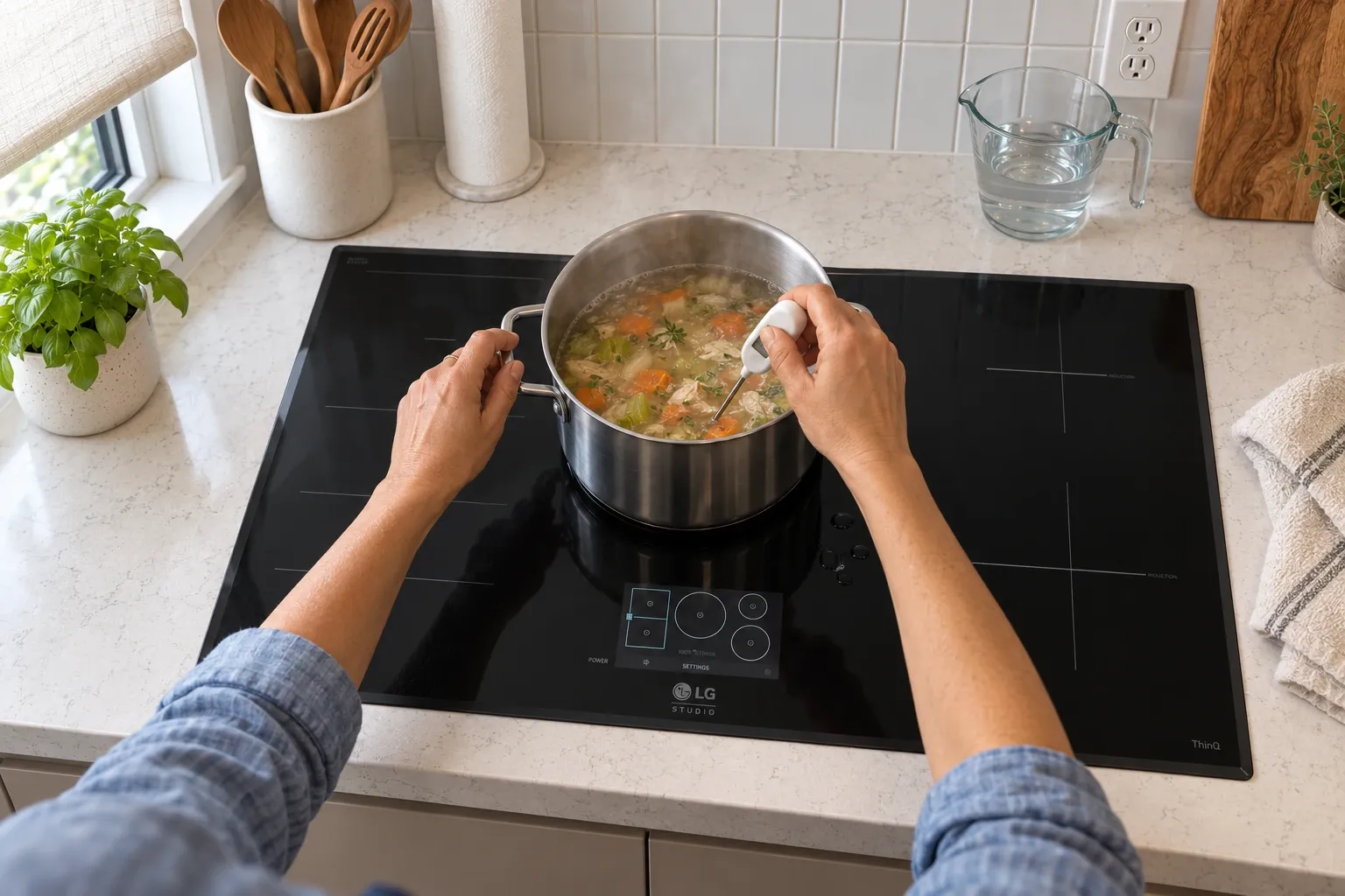 Stirring a pot of vegetable soup on the center zone of an LG Studio CBIS3618BE.