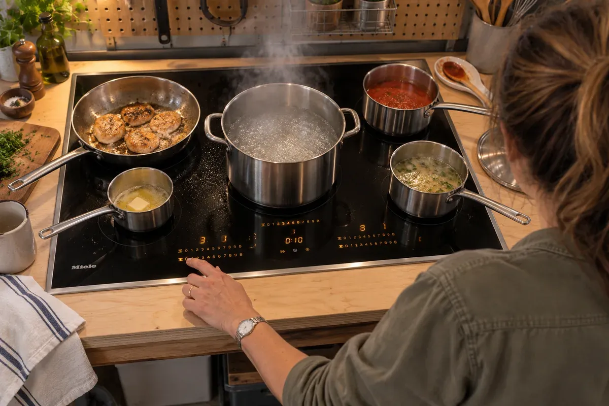 Tapping the number controls of a Miele KM 7740 FR with five pans cooking