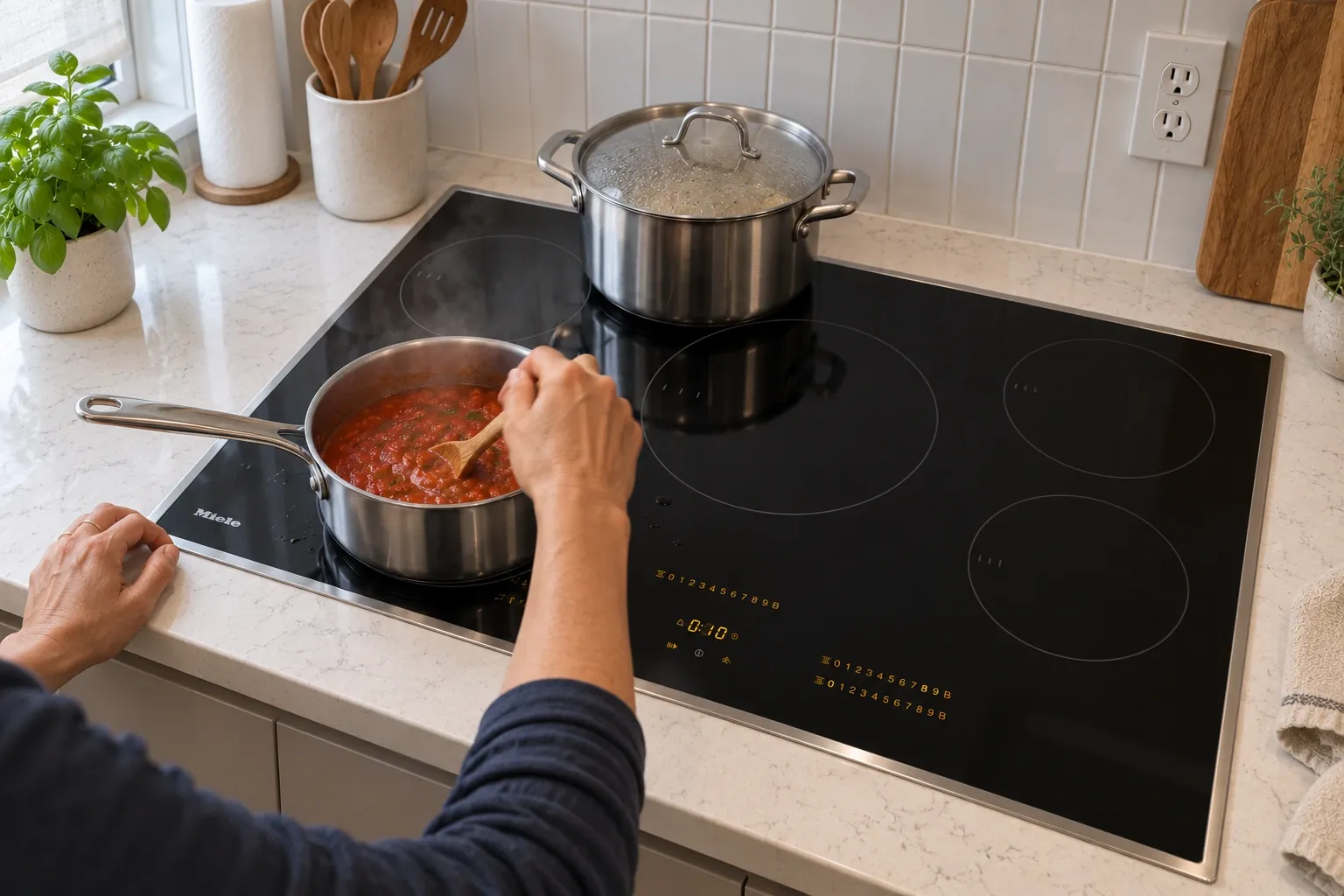 Stirring tomato sauce next to a covered stockpot on a Miele KM 7740 FR.