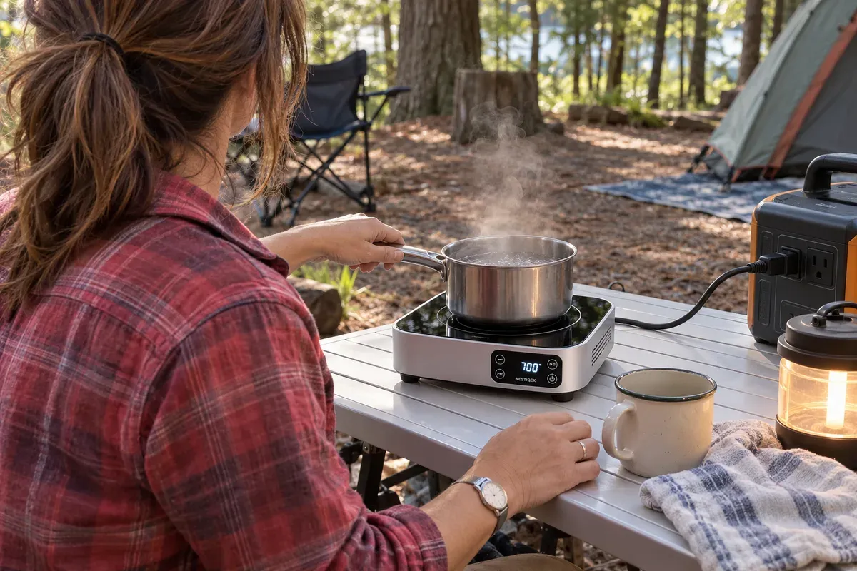 Morning coffee on a Mini 700W Induction Burner plugged into a power station