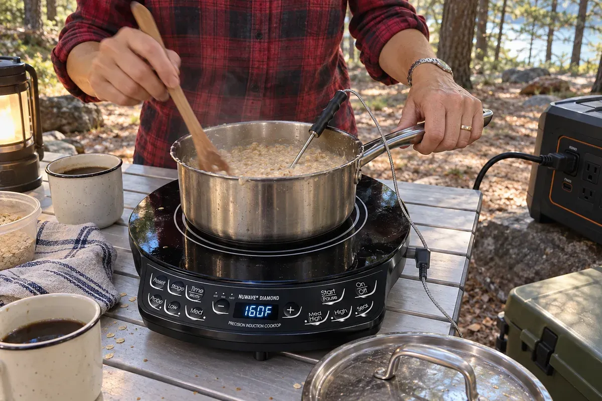 Oatmeal held at temperature by the probe of a NuWave Diamond at a campsite.