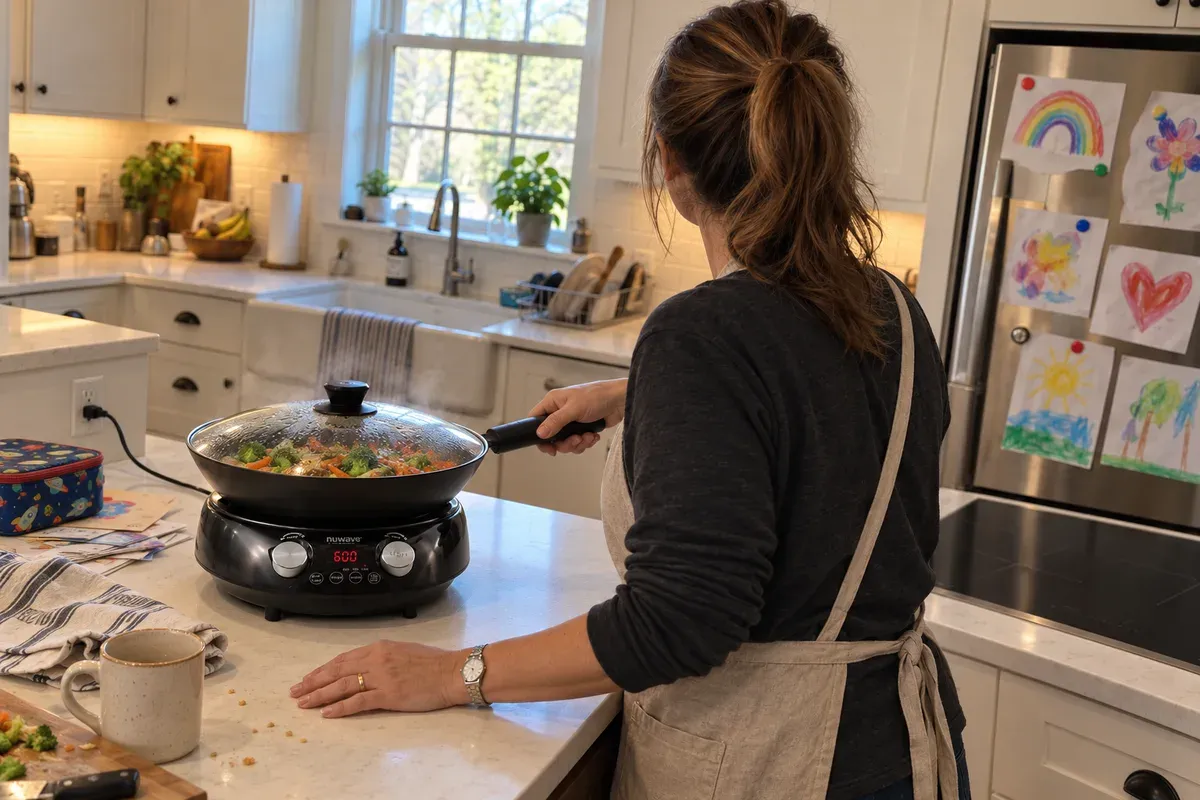 Vegetables cooking under the lid of a NuWave Mosaic Induction Wok