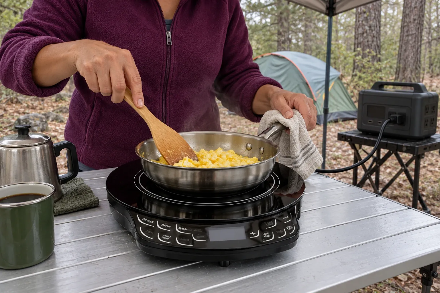 Eggs cooking in a small skillet on a NuWave PIC Flex at a campsite.