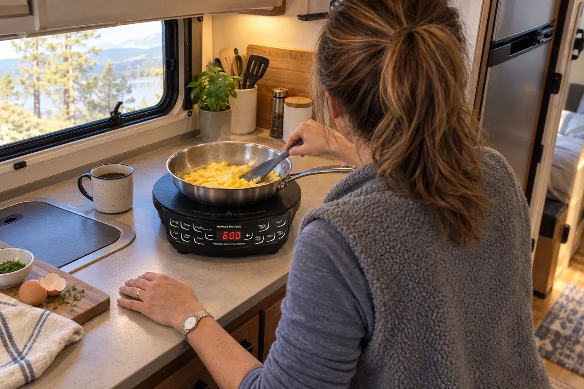 Scrambled eggs on the 600-watt setting of a NuWave PIC Flex in a camper kitchen