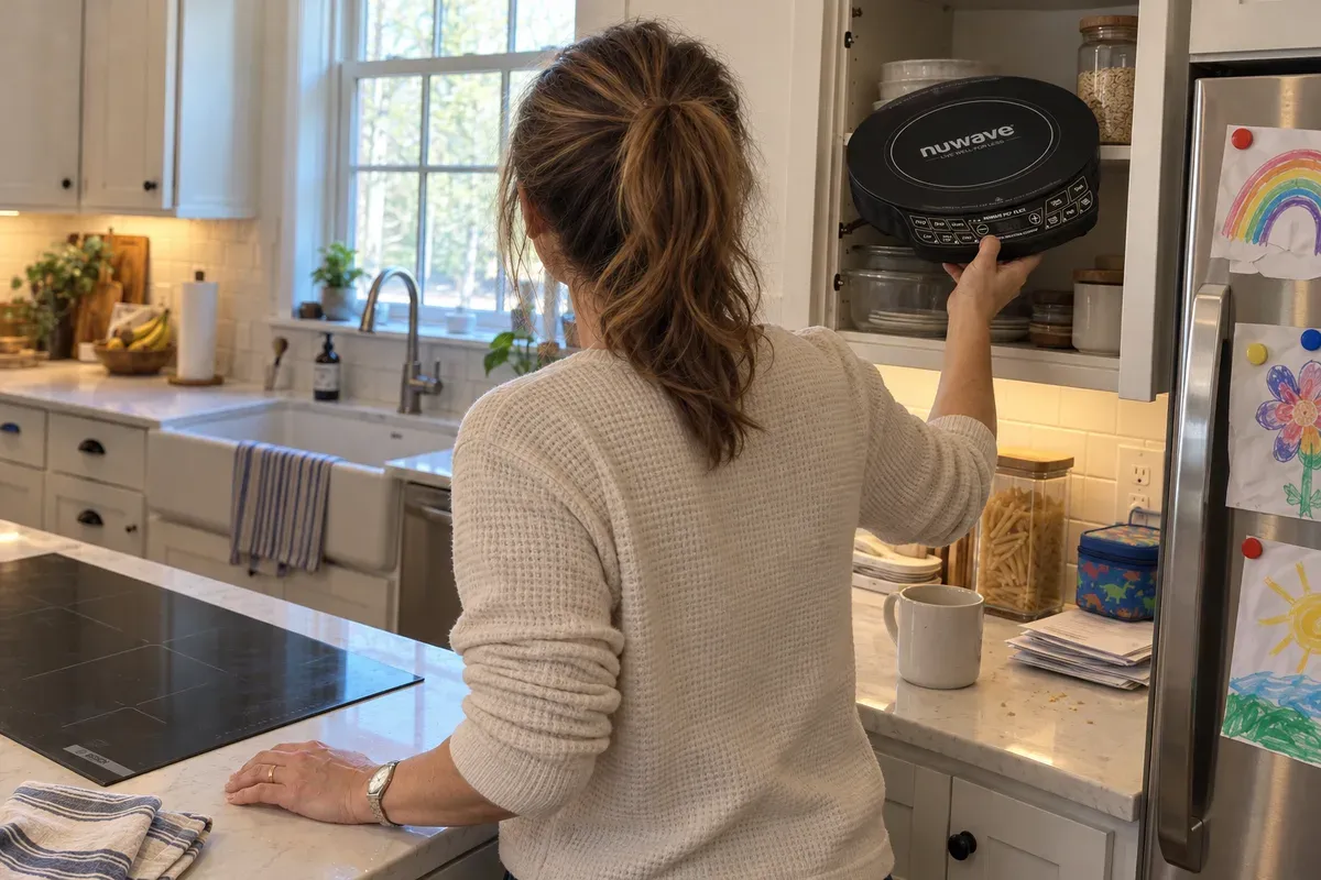 Lifting a NuWave Precision 10.25-inch burner down from a high kitchen shelf