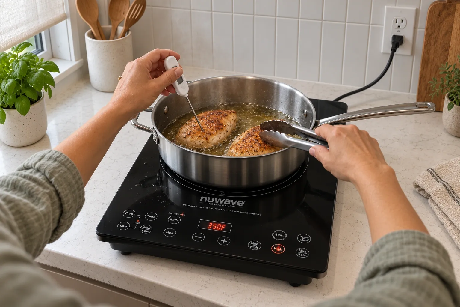 Chicken frying in a deep skillet on a NuWave Pro Chef in the kitchen.