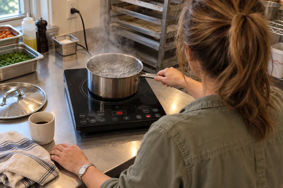 The fourth back-to-back boil on a NuWave Pro Chef in a catering kitchen