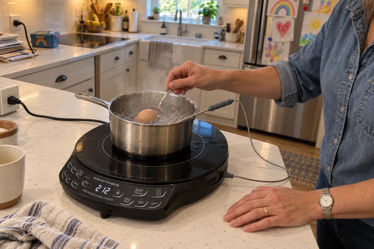 Lowering an egg into water held by the probe of a NuWave Upgraded Cooktop.