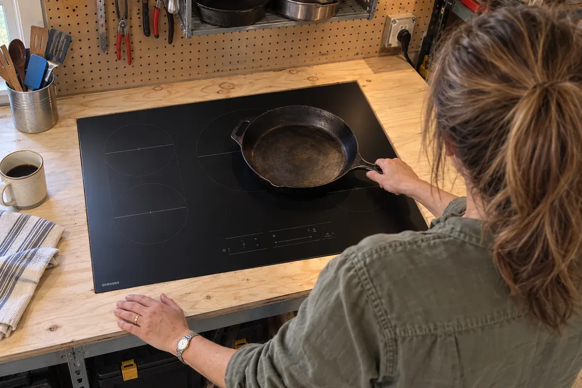 Sliding a cast-iron skillet across the matte glass of a Samsung CC70F30S2DAA