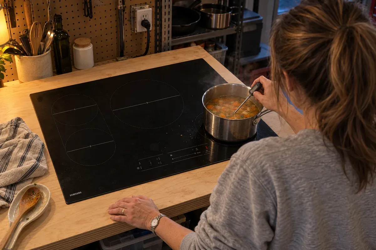 Checking soup on the lowest setting with a probe thermometer on a Samsung CC70F30S2DAA