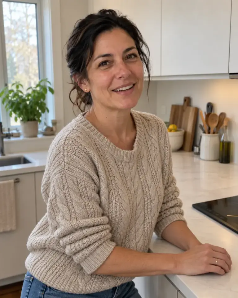 Sarah Simon in her kitchen next to her induction cooktop