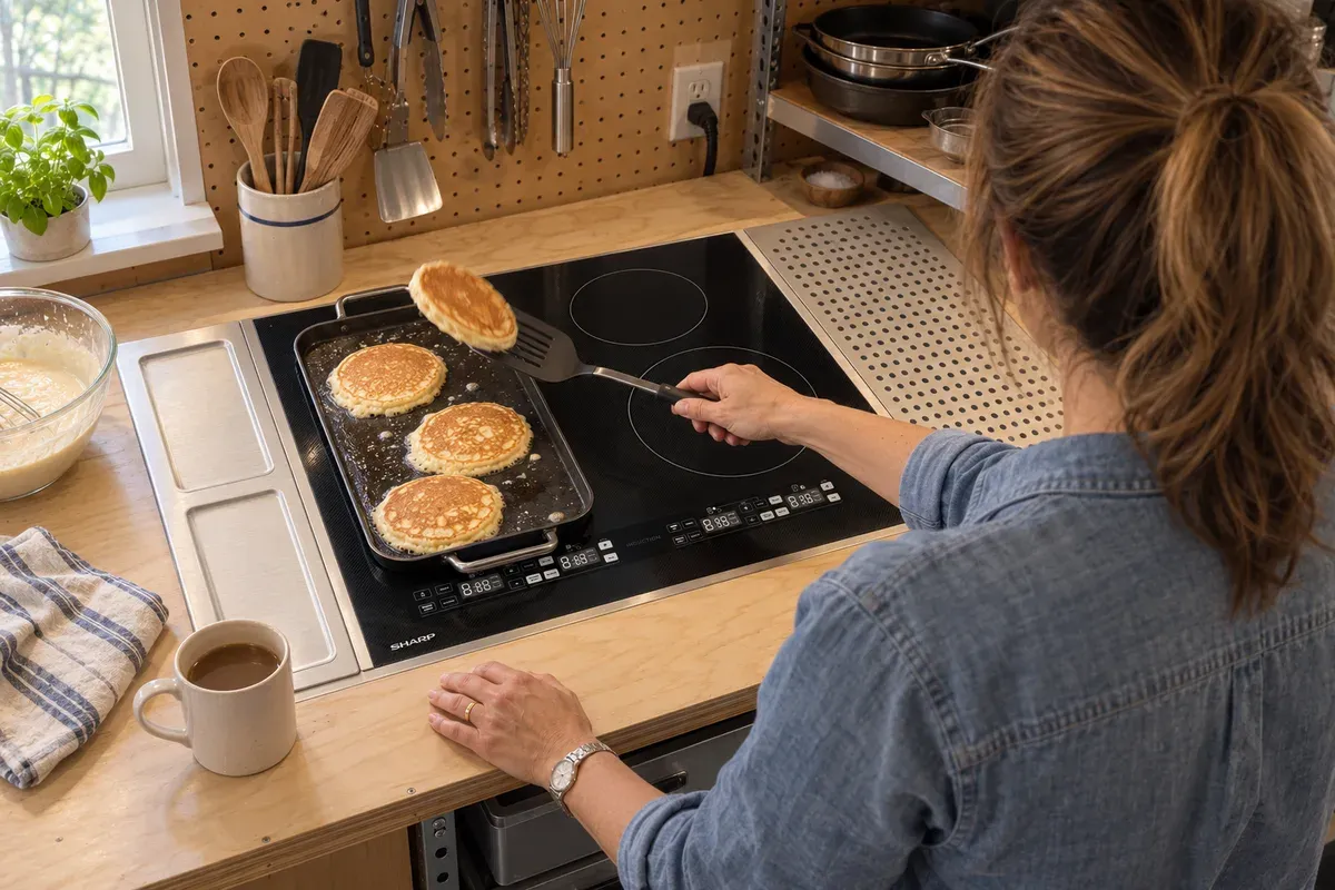 Flipping pancakes on a 9 x 13 griddle across the bridge of a Sharp SCH2443GB