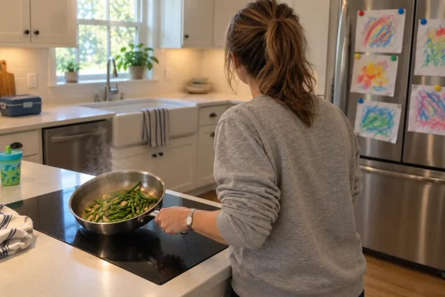 Green beans and garlic sizzling in a stainless steel pan on an induction cooktop