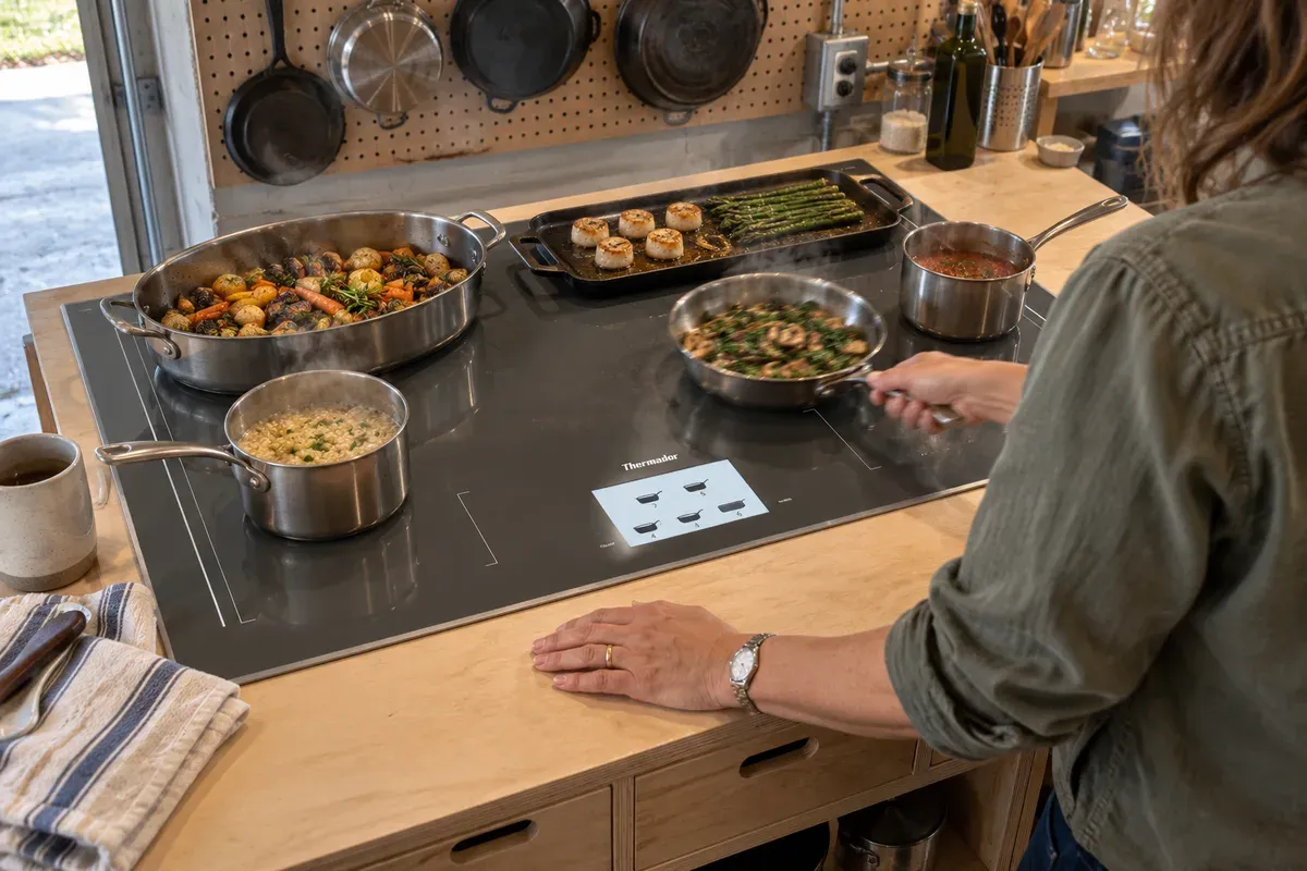 Five pans, including an oval roaster and a griddle, spread across a Thermador Freedom CIT36YWBB