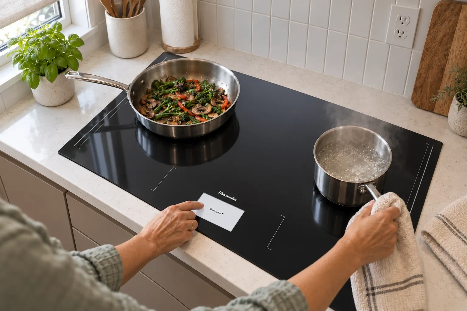 Greens in a sauté pan and a boiling saucepan on a Thermador Freedom CIT36YWBB.