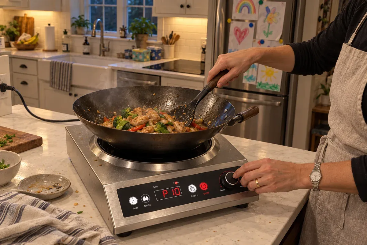 Turning the knob mid-stir-fry on a VEXMAECY 1800W Concave Wok Burner