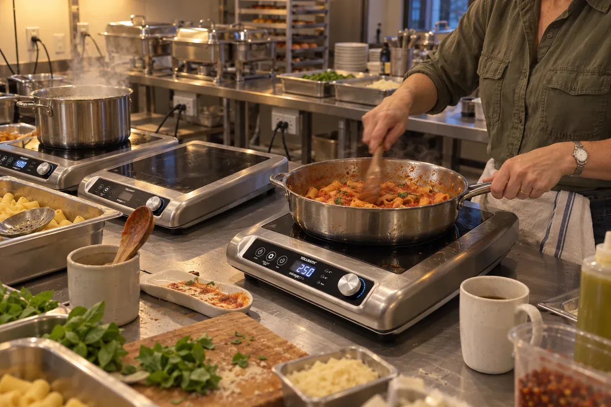 A catering pasta station with a Vollrath Mirage Pro 59500P and other burners