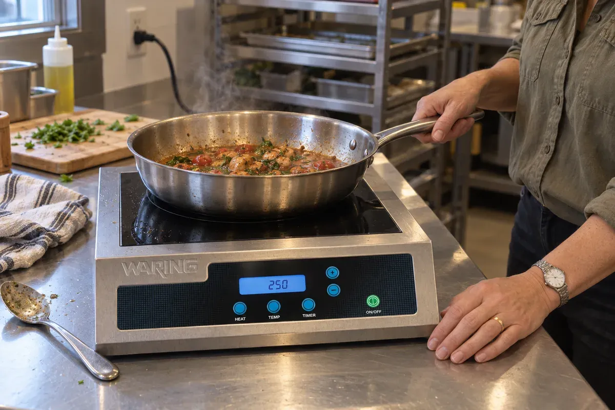 A wide pan on the large glass top of a Waring heavy-duty commercial induction range.