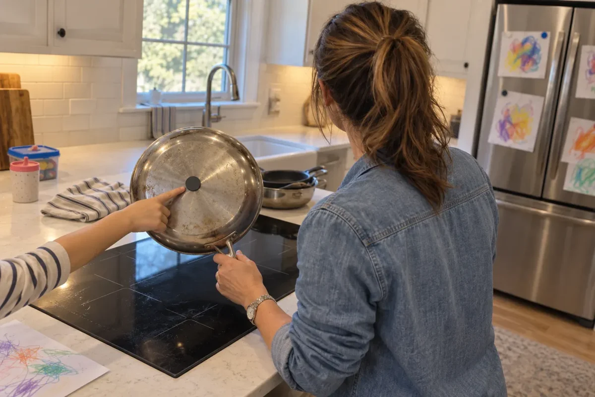 A fridge magnet stuck to the base of a pan beside an induction cooktop.